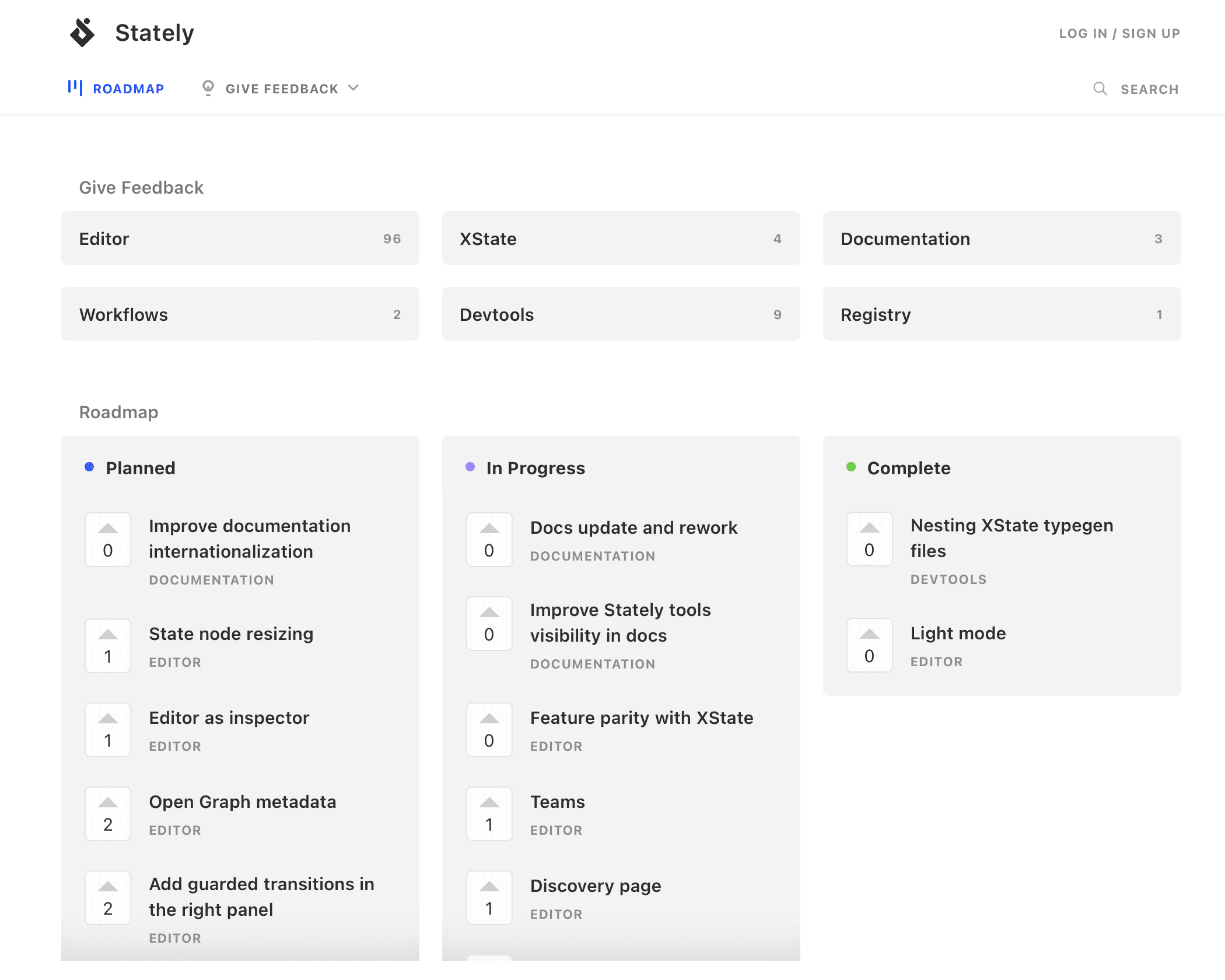 The Stately roadmap showing options to give feedback on the Editor, XState, Documentation, Workflows, Devtools and Registry, as well as a roadmap showing Planned, In Progress and Complete features