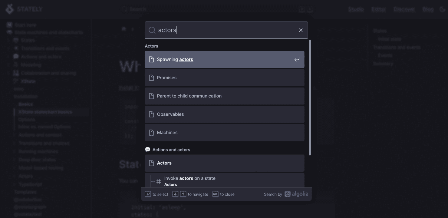 Docs search showing results for ‘actor’ which includes relevant and useful results.