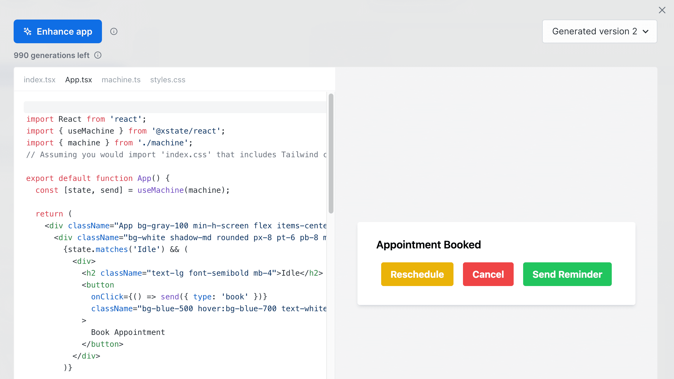 Enhancing an app in Stately’s editor, showing a pet grooming appointment app in the appointment booked state, with colored buttons generated for reschedule, cancel, and send reminder.